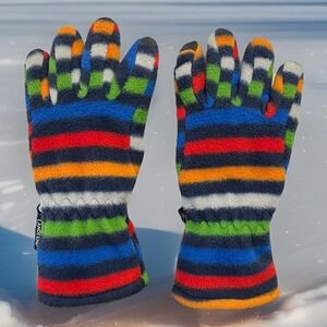 Lands' End Fleece Gloves Kids Size SMALL EZ-Grip Rainbow Stripes Gathered Wrist